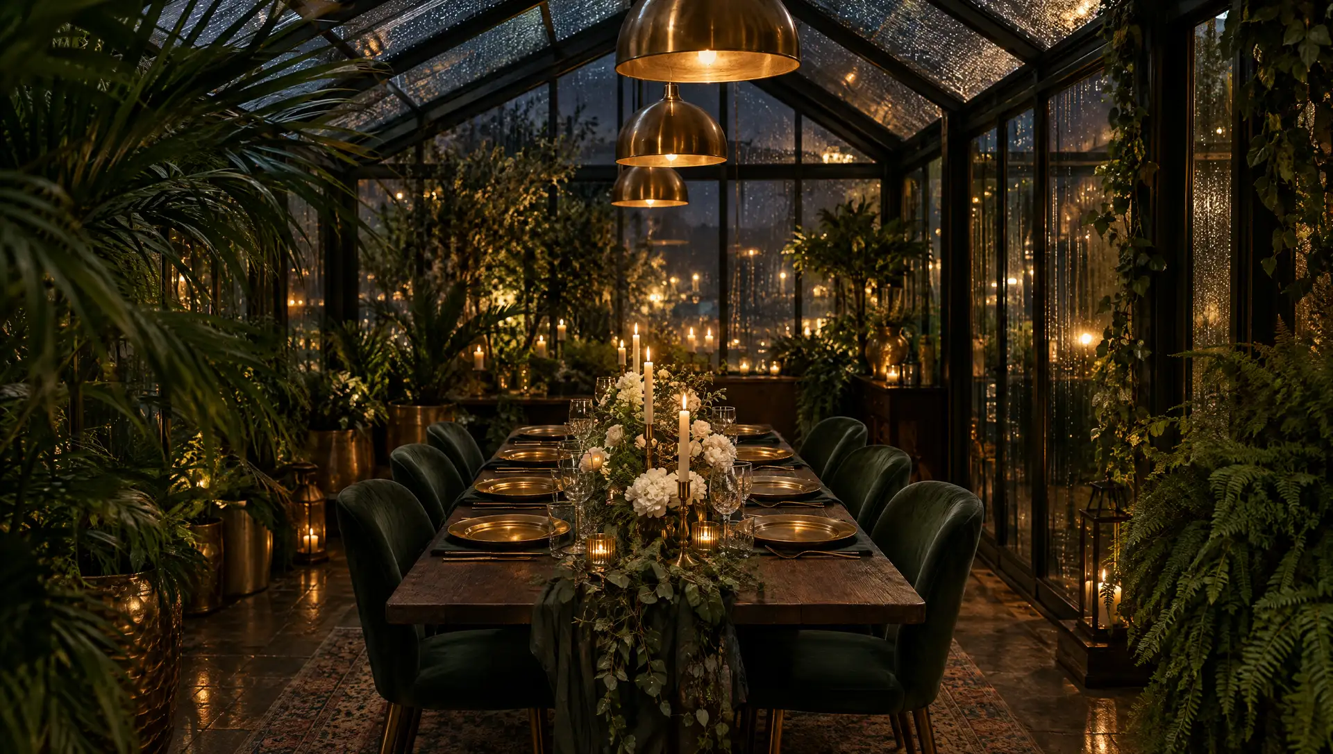 The Fern Room, a candlelit private table inside the glasshouse